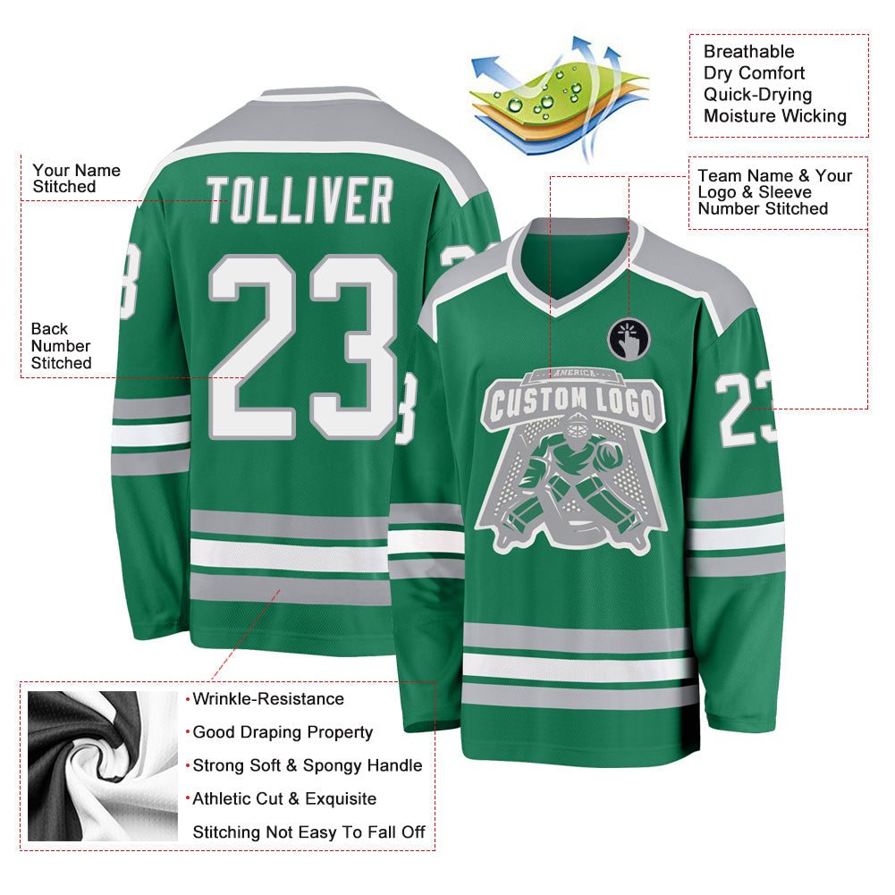 Custom Kelly Green White-Gray Hockey Jersey - Sky-Custom
