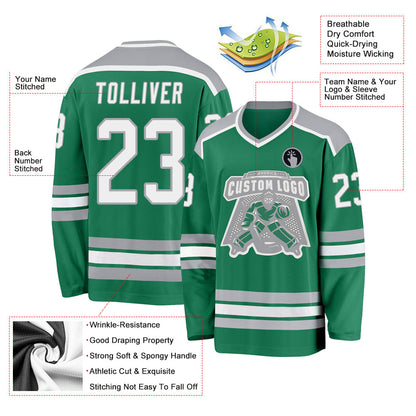 Custom Kelly Green White-Gray Hockey Jersey - Sky-Custom