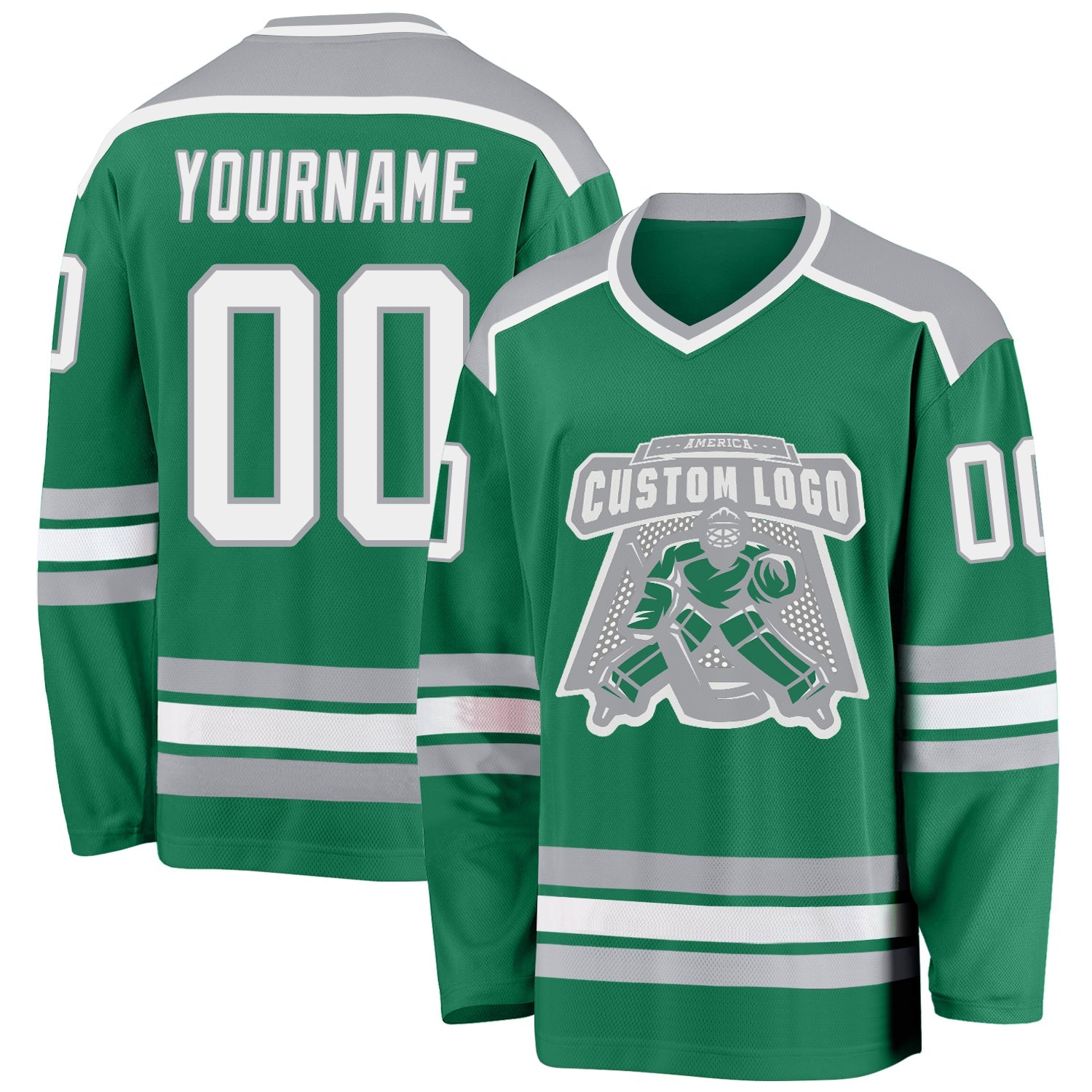 Custom Kelly Green White-Gray Hockey Jersey - Sky-Custom