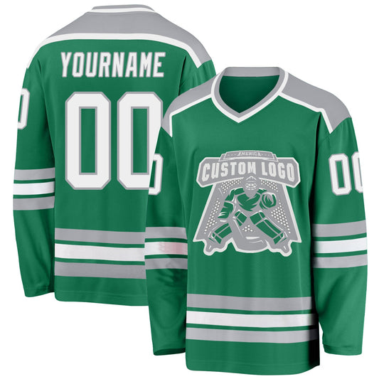 Custom Kelly Green White-Gray Hockey Jersey - Sky-Custom
