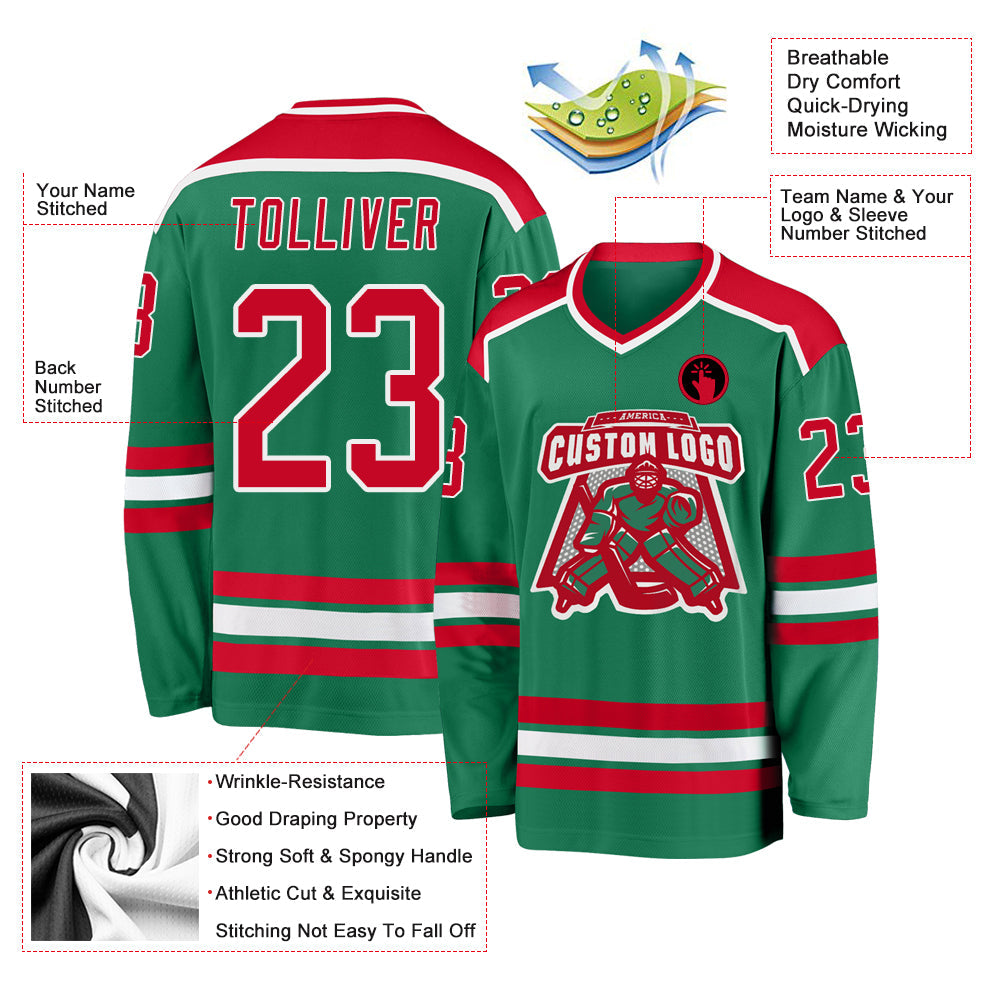 Custom Kelly Green Red-White Hockey Jersey - Sky-Custom