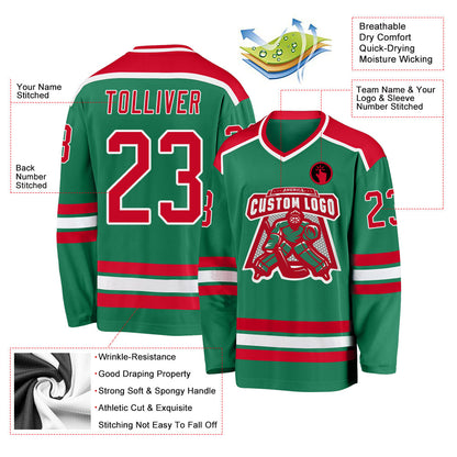 Custom Kelly Green Red-White Hockey Jersey - Sky-Custom