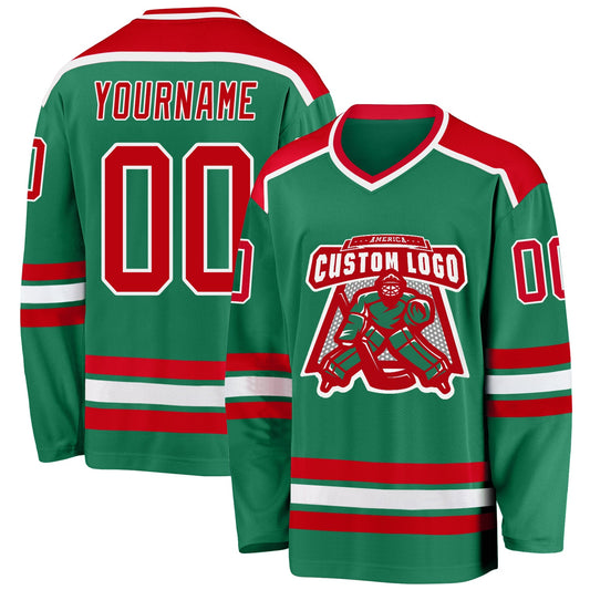 Custom Kelly Green Red-White Hockey Jersey - Sky-Custom