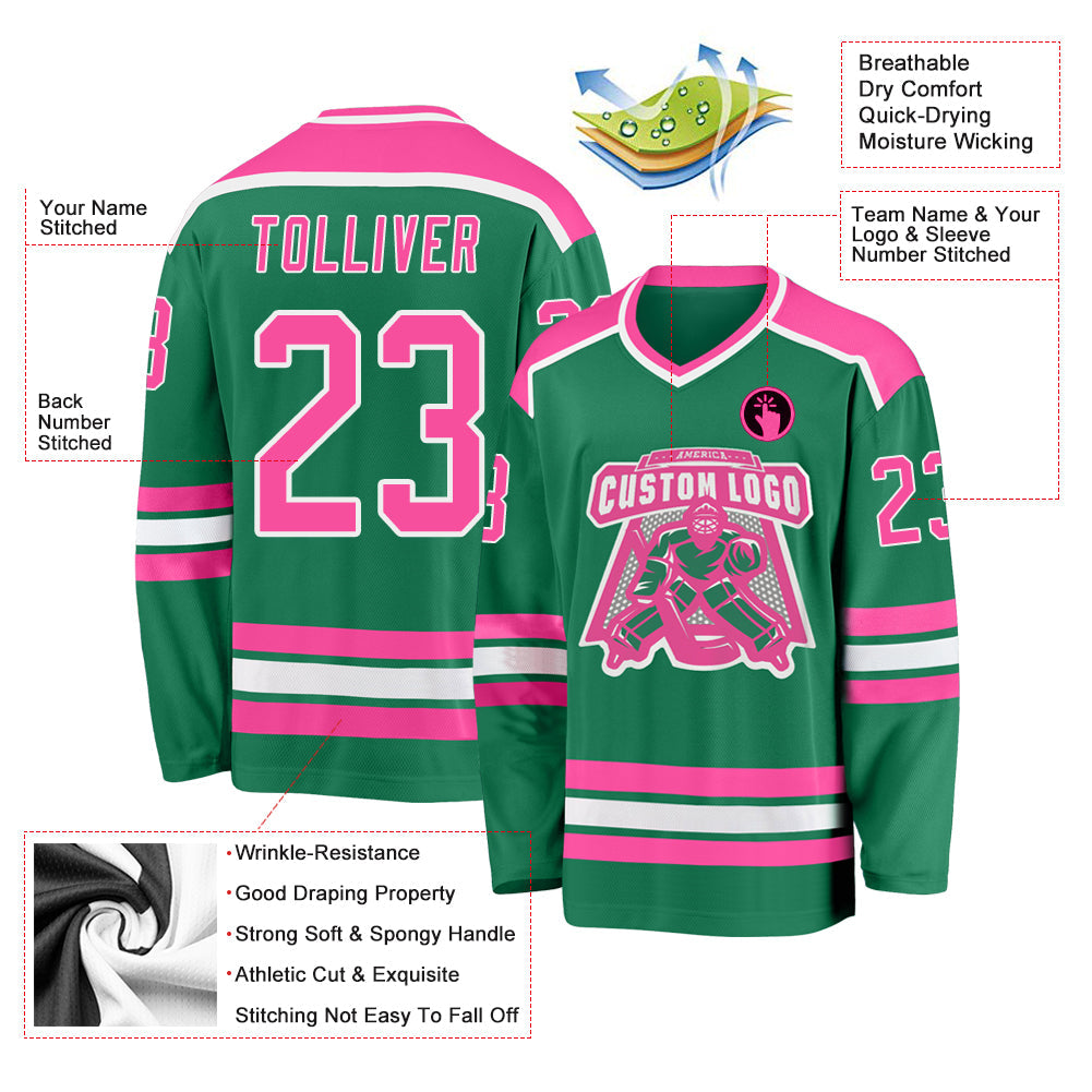 Custom Kelly Green Pink-White Hockey Jersey - Sky-Custom