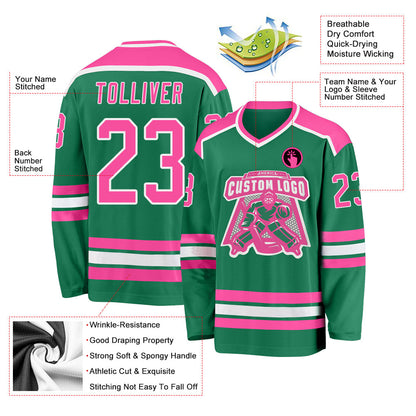 Custom Kelly Green Pink-White Hockey Jersey - Sky-Custom