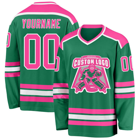 Custom Kelly Green Pink-White Hockey Jersey - Sky-Custom