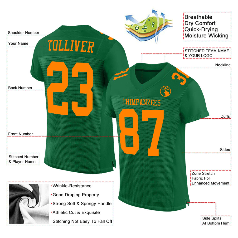 Custom Kelly Green Bay Orange Mesh Authentic Football Jersey - Sky-Custom