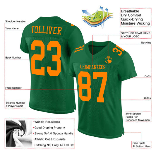 Custom Kelly Green Bay Orange Mesh Authentic Football Jersey - Sky-Custom