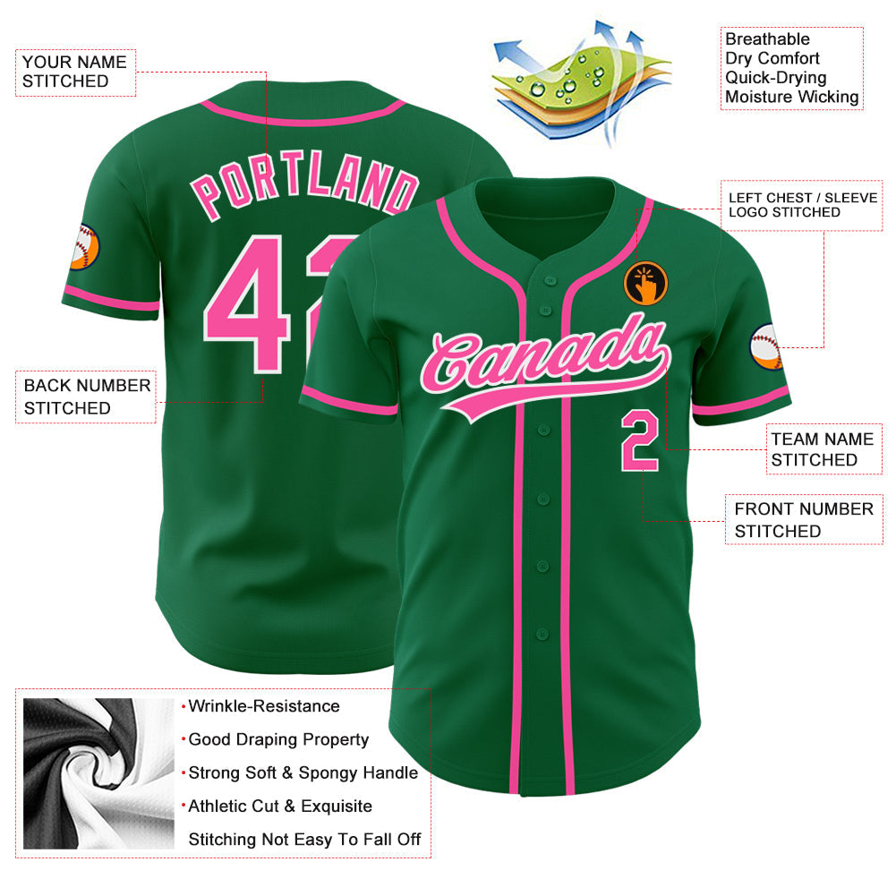 Custom Kelly Green Pink-White Authentic Baseball Jersey - Sky-Custom