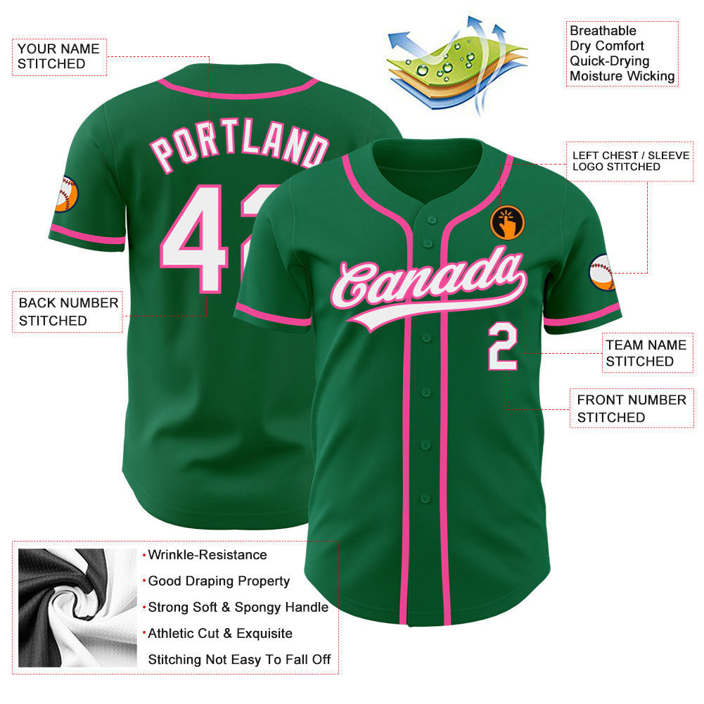 Custom Kelly Green White-Pink Authentic Baseball Jersey - Sky-Custom