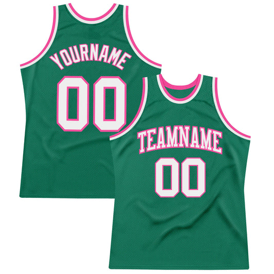 Custom Kelly Green White-Pink Authentic Throwback Basketball Jersey - Sky-Custom