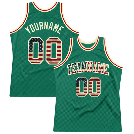 Custom Kelly Green Vintage USA Flag-Cream Authentic Throwback Basketball Jersey - Sky-Custom