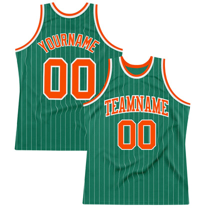 Custom Kelly Green White Pinstripe Orange Authentic Basketball Jersey - Sky-Custom