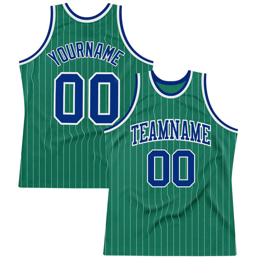 Custom Kelly Green White Pinstripe Royal Authentic Basketball Jersey - Sky-Custom