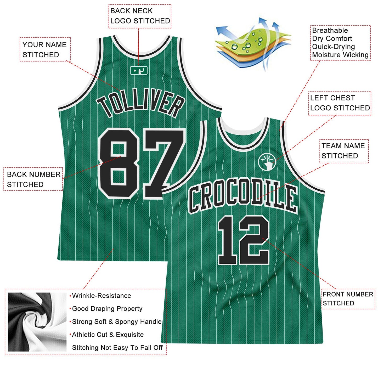 Custom Kelly Green White Pinstripe Black Authentic Basketball Jersey - Sky-Custom