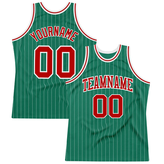 Custom Kelly Green White Pinstripe Red Authentic Basketball Jersey - Sky-Custom