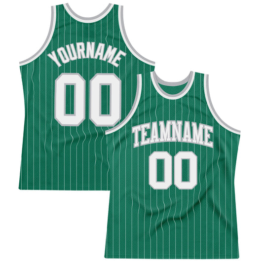 Custom Kelly Green White Pinstripe White-Gray Authentic Basketball Jersey - Sky-Custom