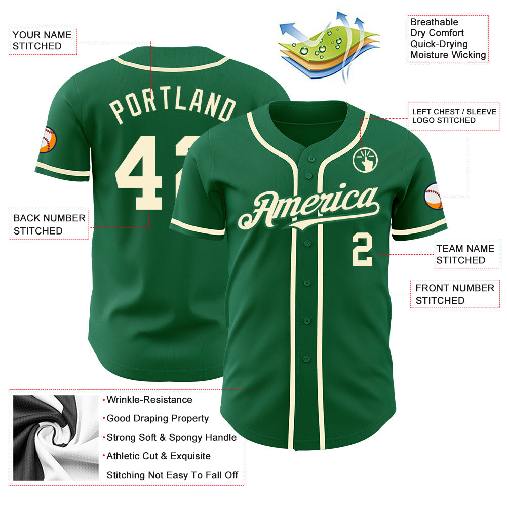 Custom Kelly Green Cream Authentic Baseball Jersey - Sky-Custom