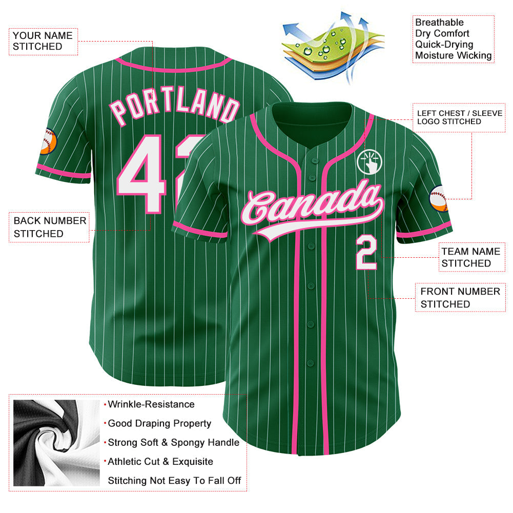 Custom Kelly Green White Pinstripe Pink Authentic Baseball Jersey - Sky-Custom