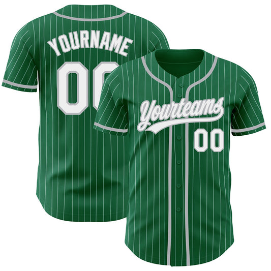 Custom Kelly Green White Pinstripe Gray Authentic Baseball Jersey - Sky-Custom