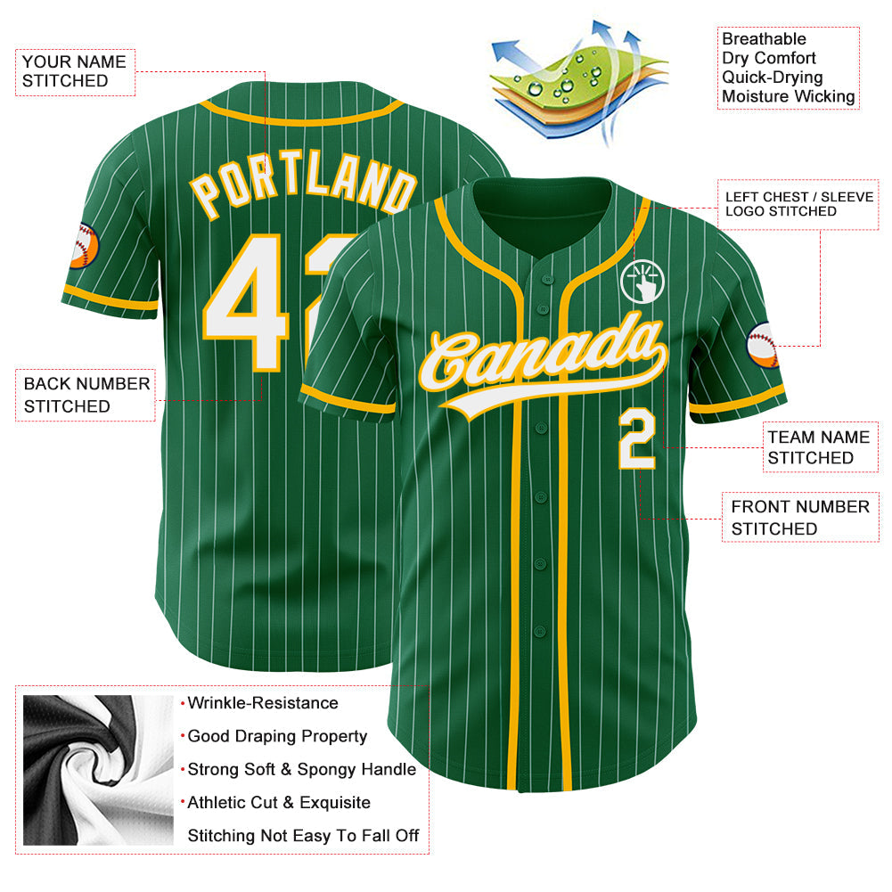Custom Kelly Green White Pinstripe Gold Authentic Baseball Jersey - Sky-Custom