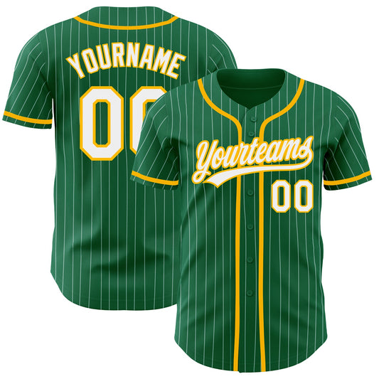 Custom Kelly Green White Pinstripe Gold Authentic Baseball Jersey - Sky-Custom