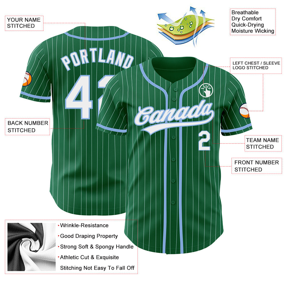 Custom Kelly Green White Pinstripe Light Blue Authentic Baseball Jersey - Sky-Custom