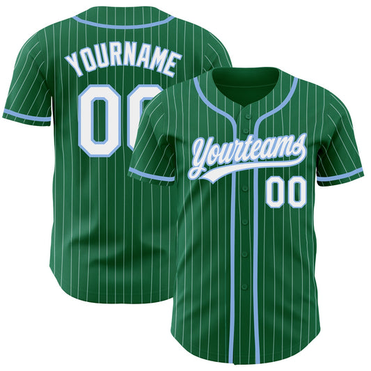 Custom Kelly Green White Pinstripe Light Blue Authentic Baseball Jersey - Sky-Custom