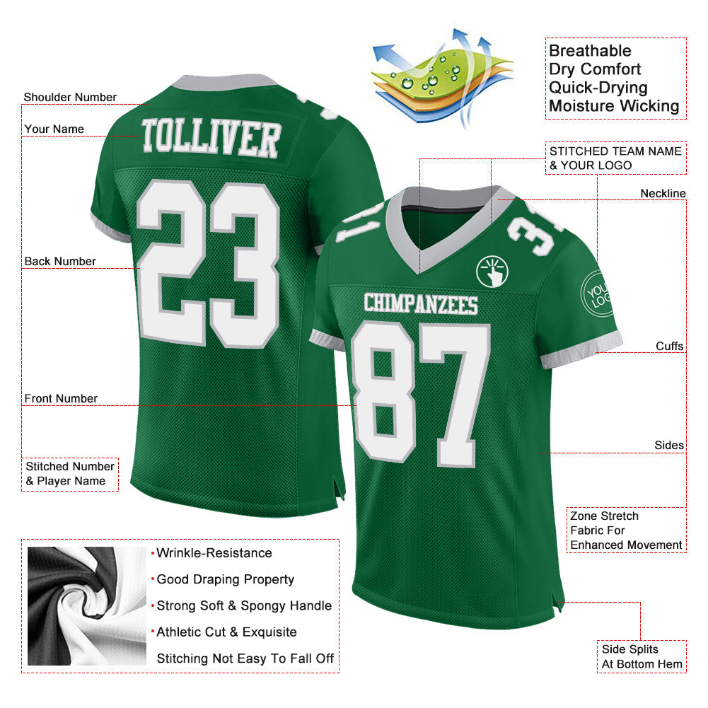 Custom Kelly Green White-Gray Mesh Authentic Football Jersey - Sky-Custom