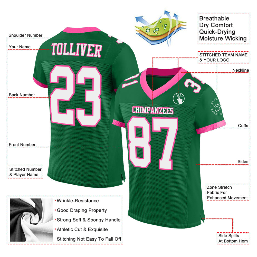Custom Kelly Green White-Pink Mesh Authentic Football Jersey - Sky-Custom