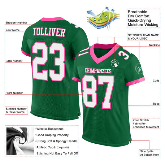 Custom Kelly Green White-Pink Mesh Authentic Football Jersey - Sky-Custom