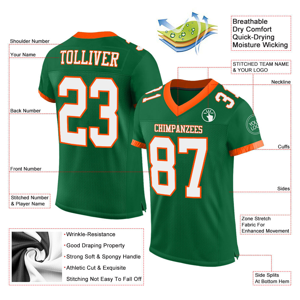 Custom Kelly Green White-Orange Mesh Authentic Football Jersey - Sky-Custom