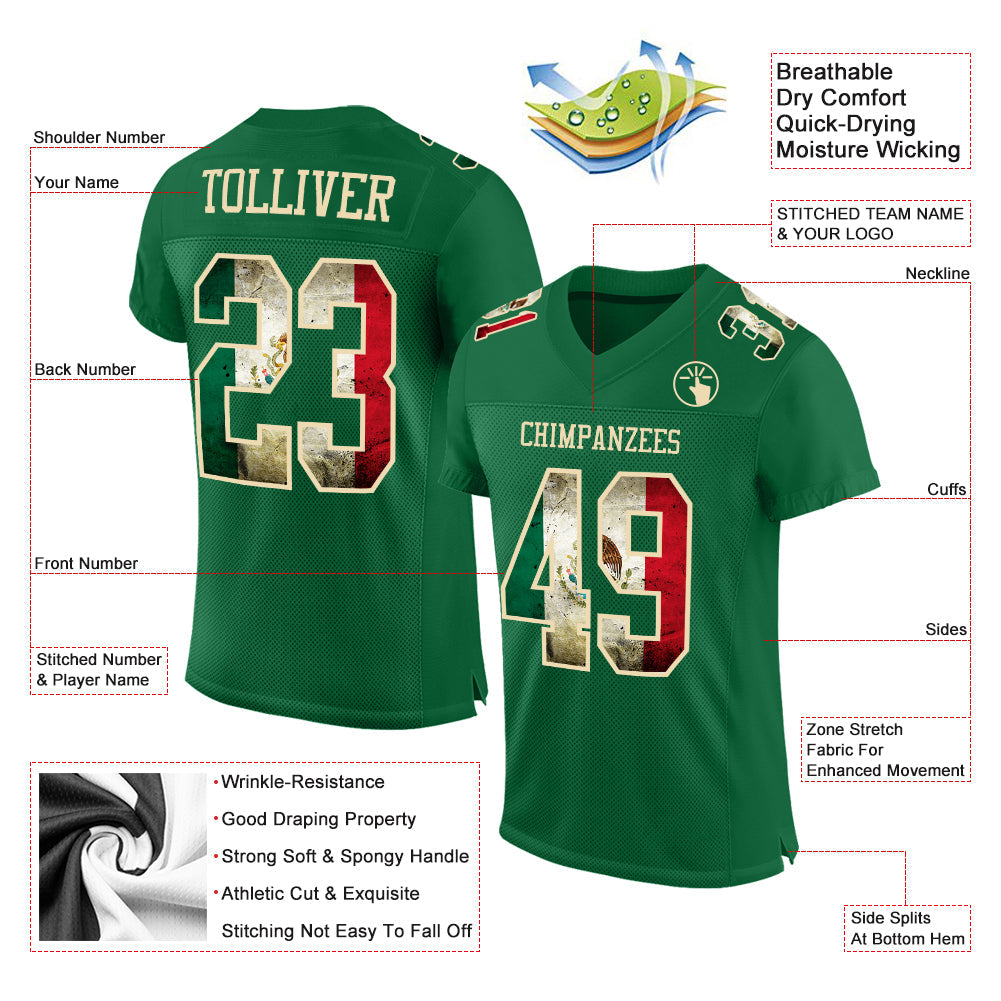 Custom Kelly Green Vintage Mexican Flag-City Cream Mesh Authentic Football Jersey - Sky-Custom