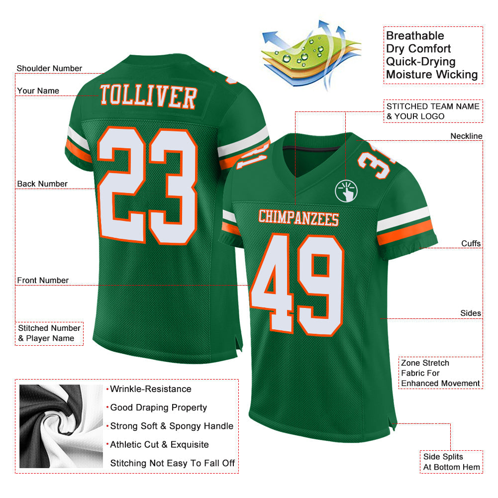 Custom Kelly Green White-Orange Mesh Authentic Football Jersey - Sky-Custom