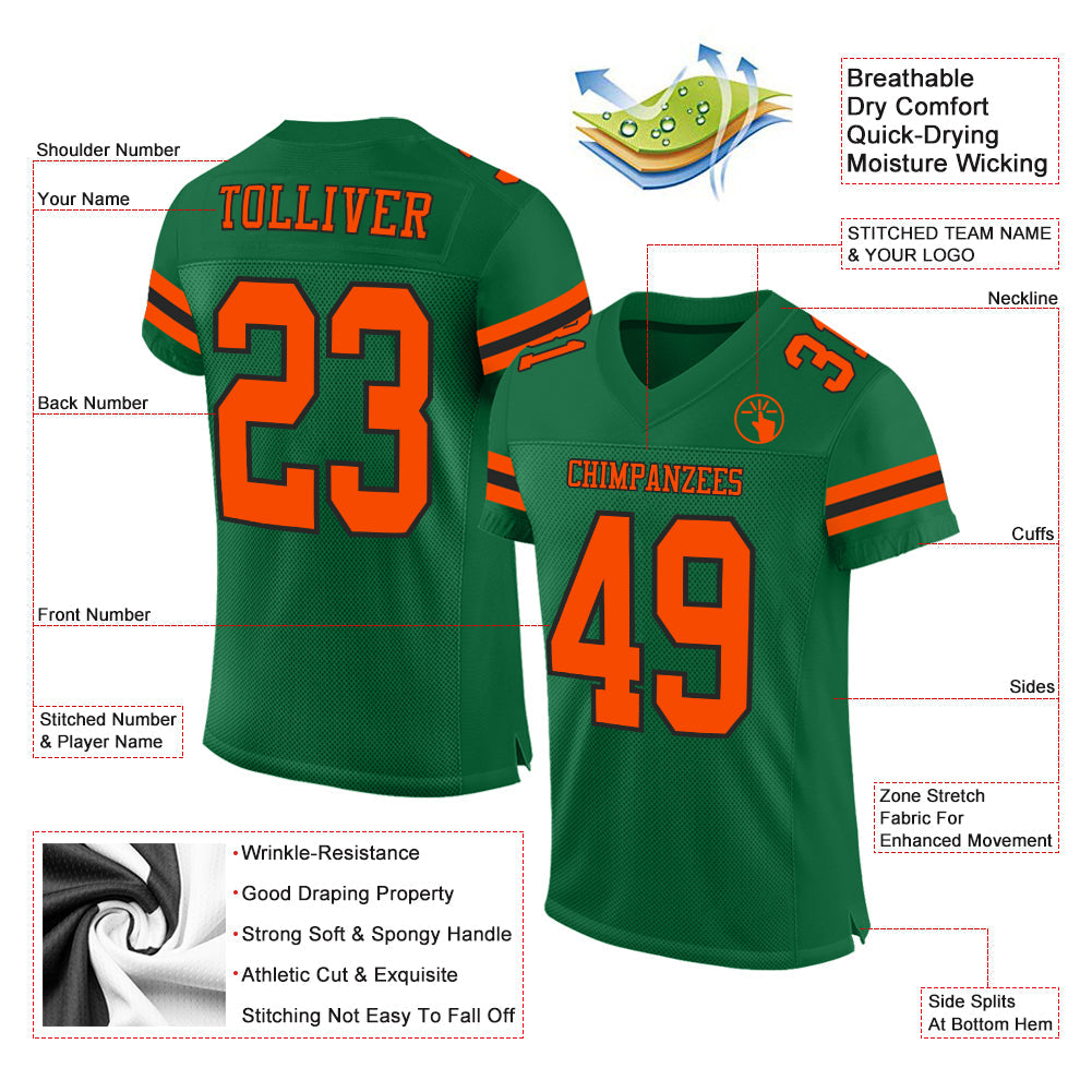 Custom Kelly Green Orange-Black Mesh Authentic Football Jersey - Sky-Custom