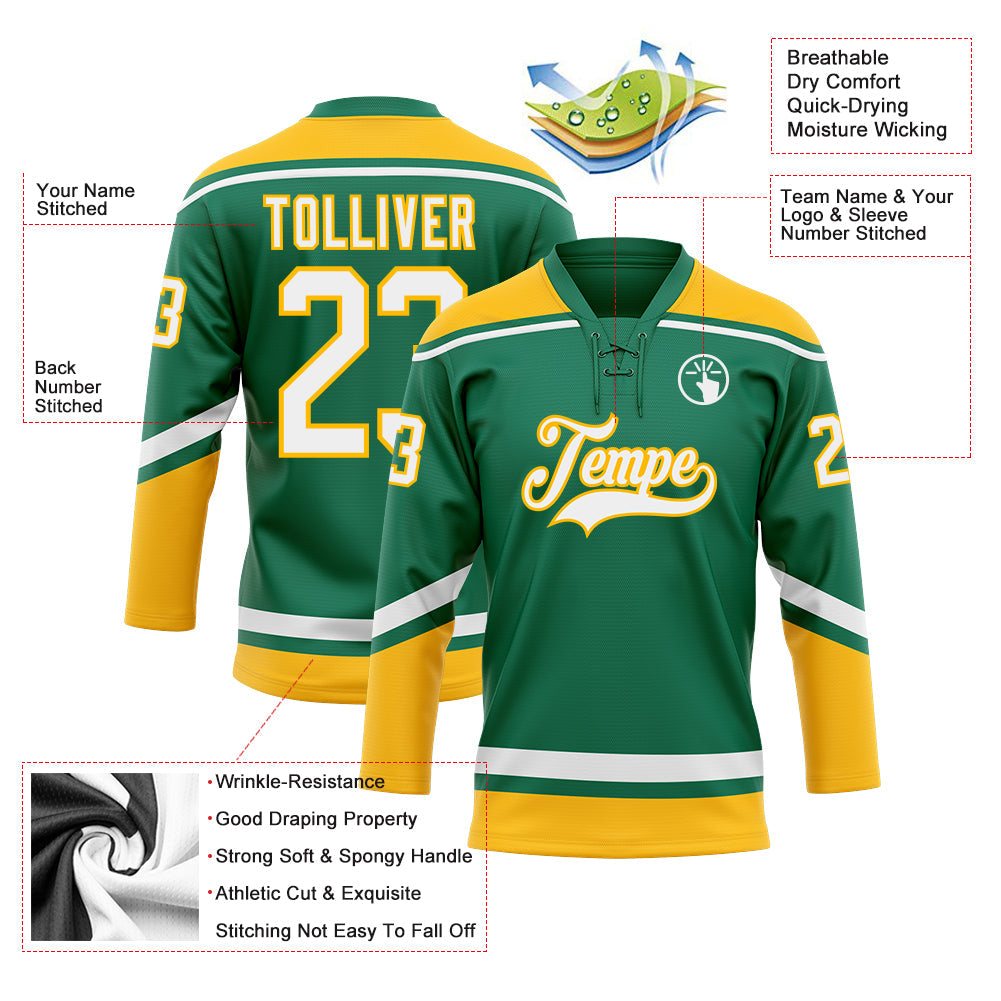 Custom Kelly Green White-Gold Hockey Lace Neck Jersey - Sky-Custom