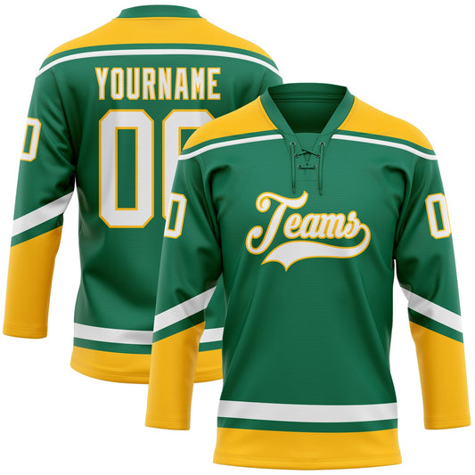 Custom Kelly Green White-Gold Hockey Lace Neck Jersey - Sky-Custom