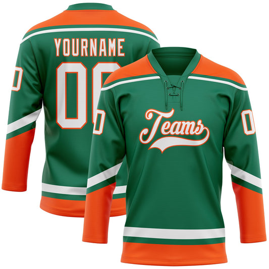 Custom Kelly Green White-Orange Hockey Lace Neck Jersey - Sky-Custom