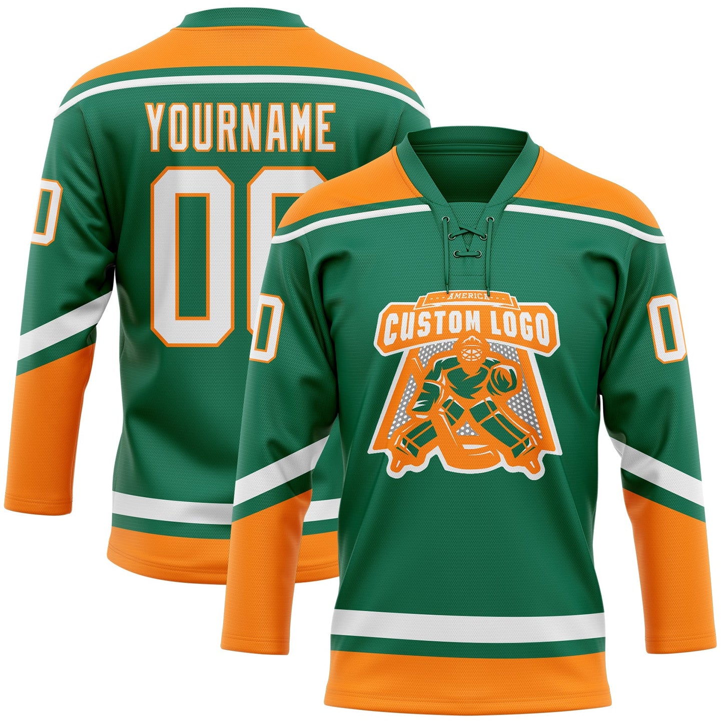 Custom Kelly Green White-Bay Orange Hockey Lace Neck Jersey - Sky-Custom