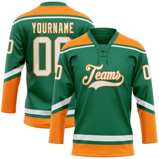 Custom Kelly Green White-Bay Orange Hockey Lace Neck Jersey - Sky-Custom