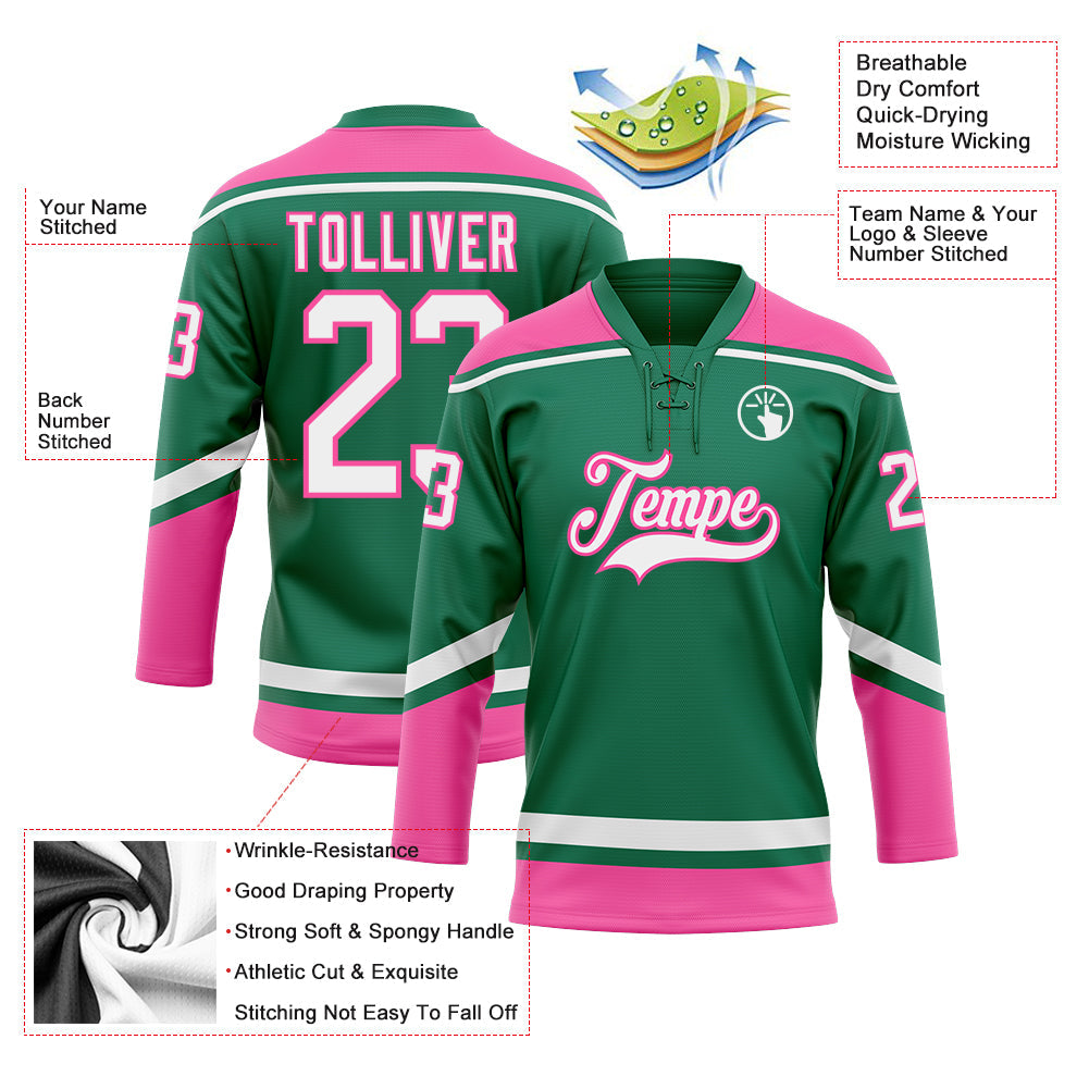 Custom Kelly Green White-Pink Hockey Lace Neck Jersey - Sky-Custom