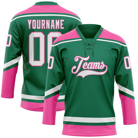 Custom Kelly Green White-Pink Hockey Lace Neck Jersey - Sky-Custom