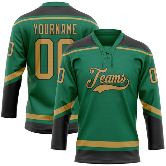 Custom Kelly Green Old Gold-Black Hockey Lace Neck Jersey - Sky-Custom