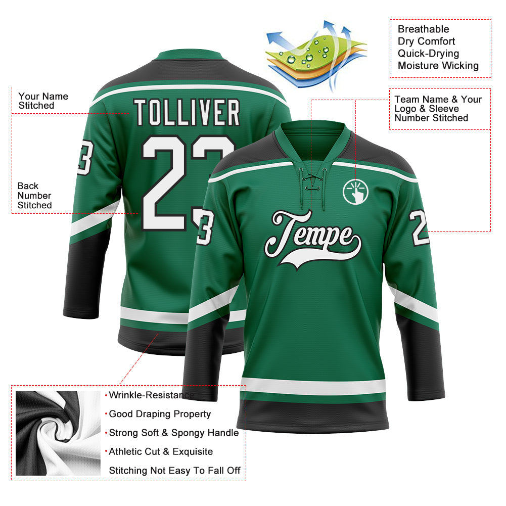 Custom Kelly Green White-Black Hockey Lace Neck Jersey - Sky-Custom