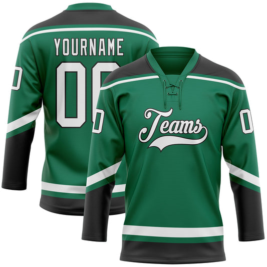 Custom Kelly Green White-Black Hockey Lace Neck Jersey - Sky-Custom