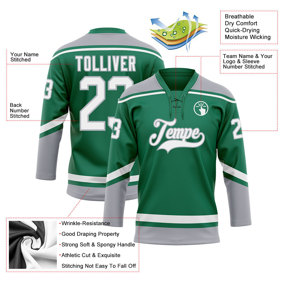 Custom Kelly Green White-Gray Hockey Lace Neck Jersey - Sky-Custom