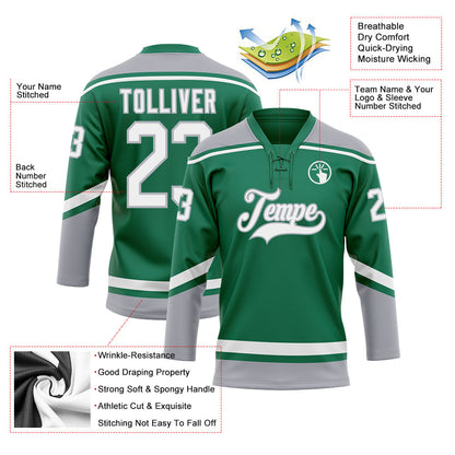 Custom Kelly Green White-Gray Hockey Lace Neck Jersey - Sky-Custom