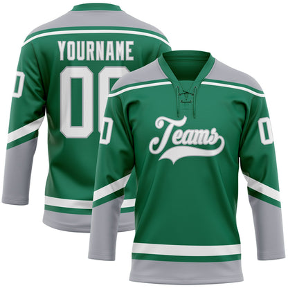 Custom Kelly Green White-Gray Hockey Lace Neck Jersey - Sky-Custom