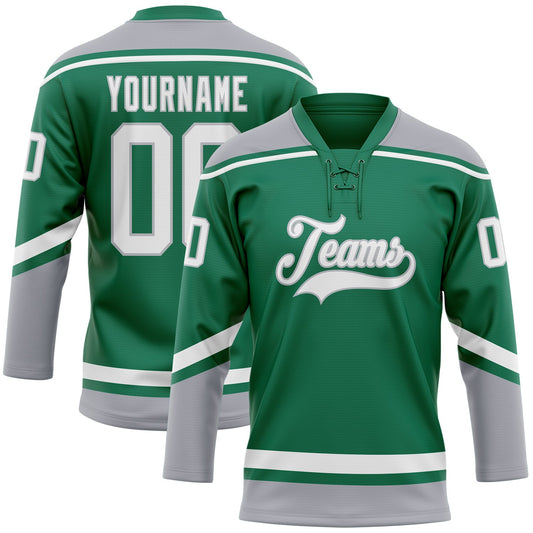 Custom Kelly Green White-Gray Hockey Lace Neck Jersey - Sky-Custom