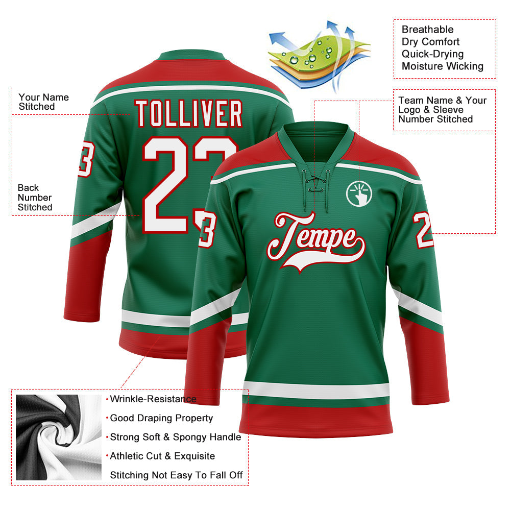 Custom Kelly Green White-Red Hockey Lace Neck Jersey - Sky-Custom